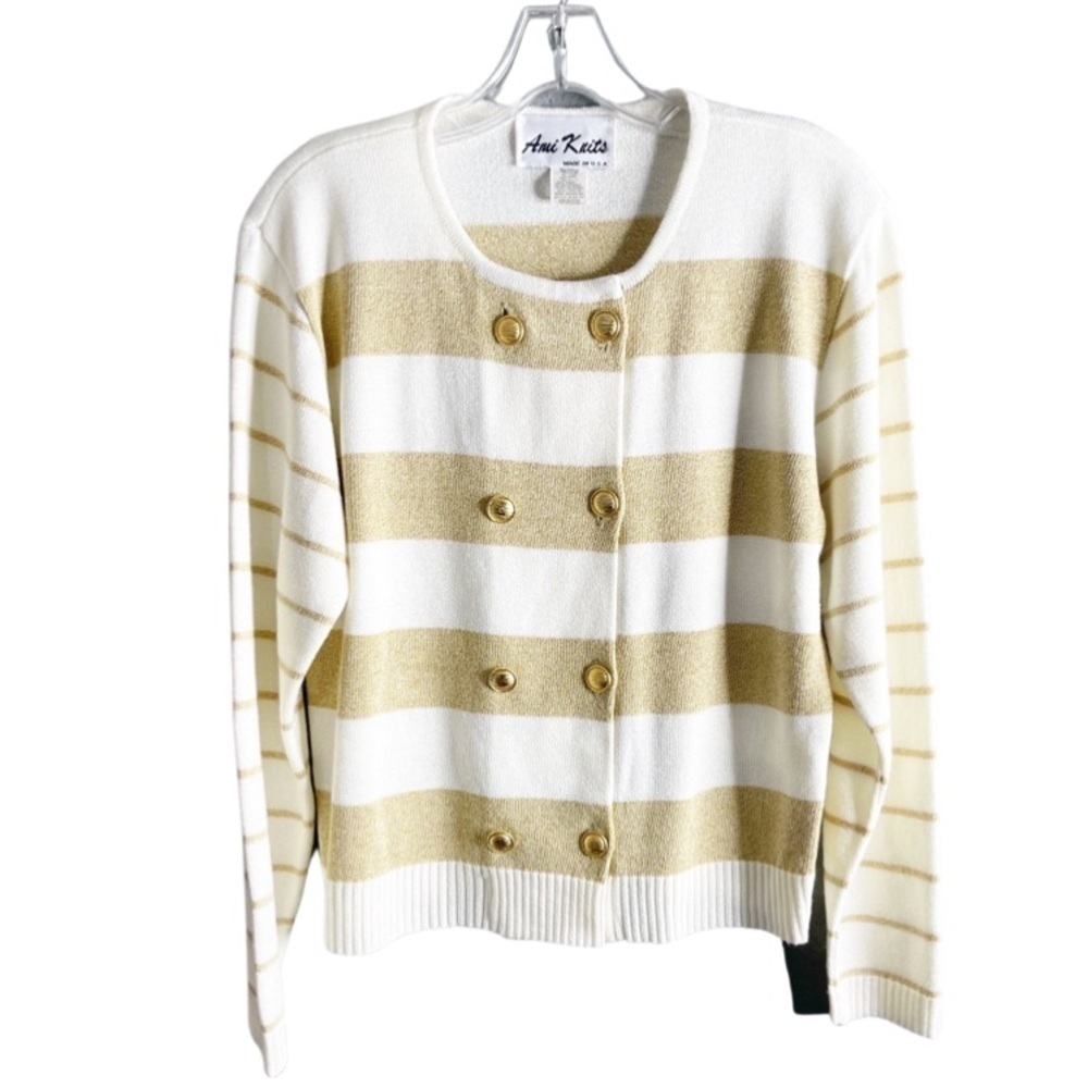 AMI Knits vintage double breast gold/cream cardigan/beautiful gold buttons Sz 14